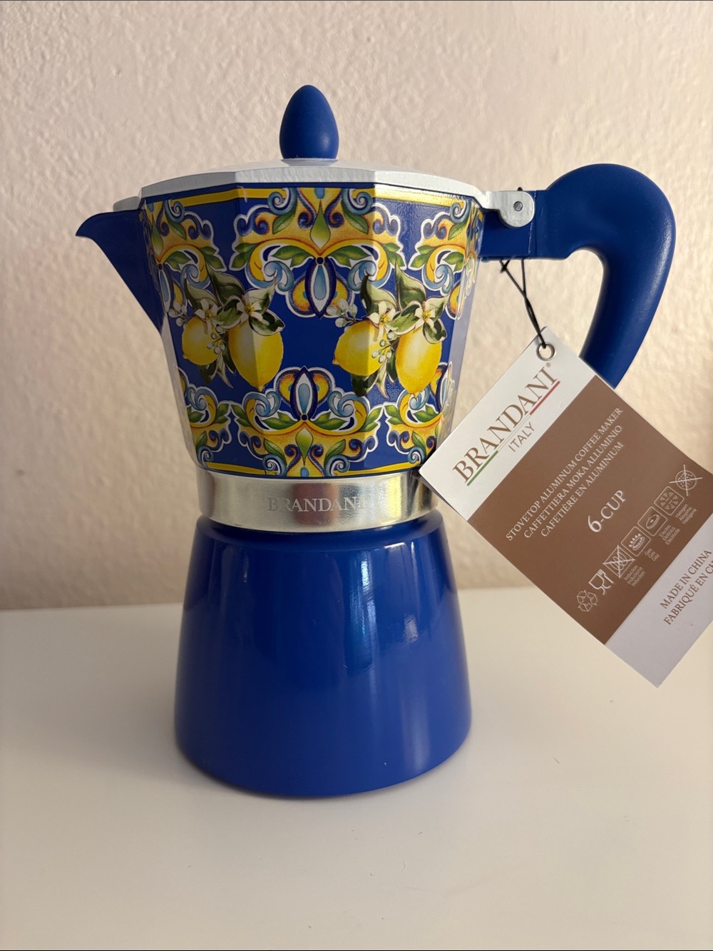 Brandani Blue Lemon Design Stovetop Coffee Maker - 6 Cup